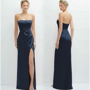 After Six 6888 Strapless Topstitched Corset Satin Maxi Dress, Midnight Navy,‎ 0
